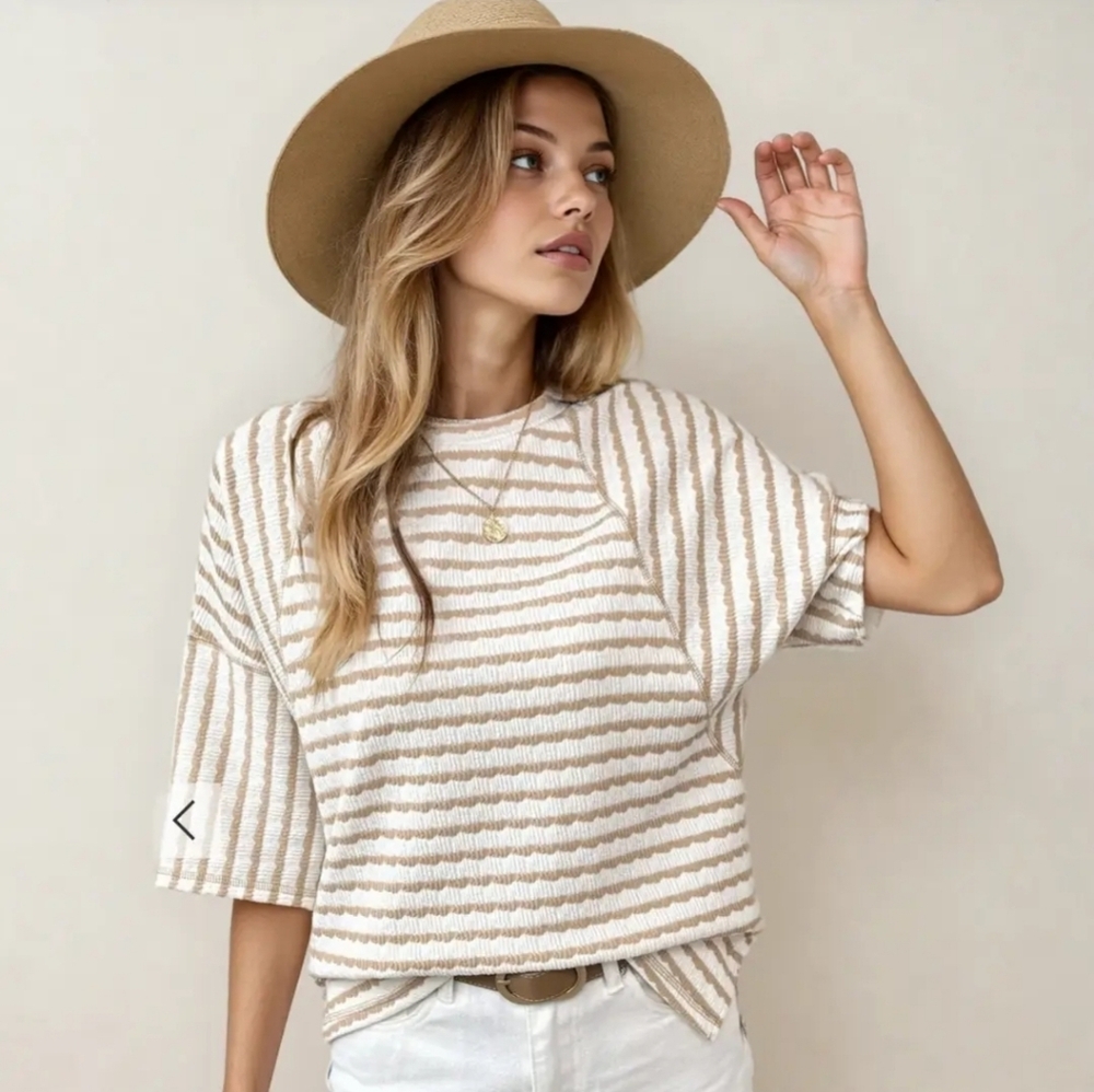 Indie + co Textured Striped Boxy Tee in Cream and Tan
